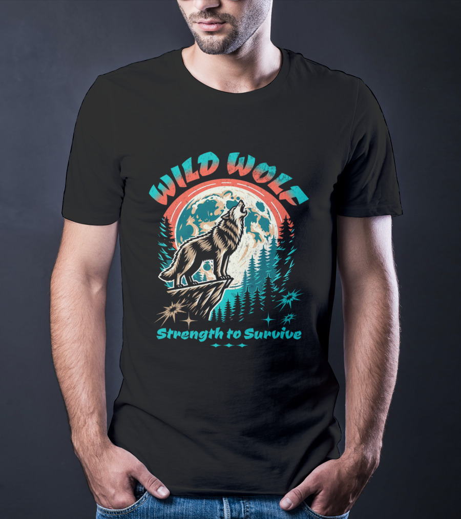 WILD WOLF Strength To Survive Full Moon Forest Scene T-Shirt