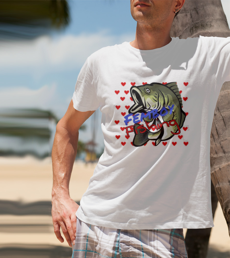 Femboy Fishing With Heart Pattern And Big Mouth Bass T-Shirt