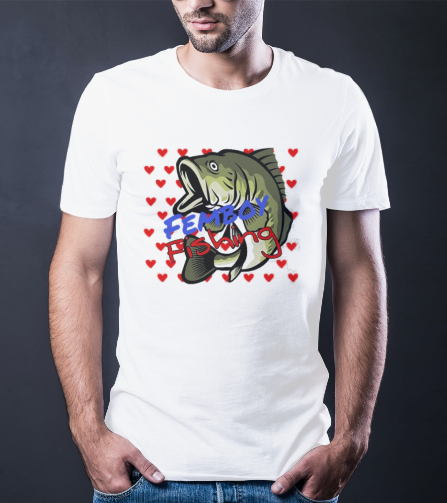 Femboy Fishing With Heart Pattern And Big Mouth Bass T-Shirt