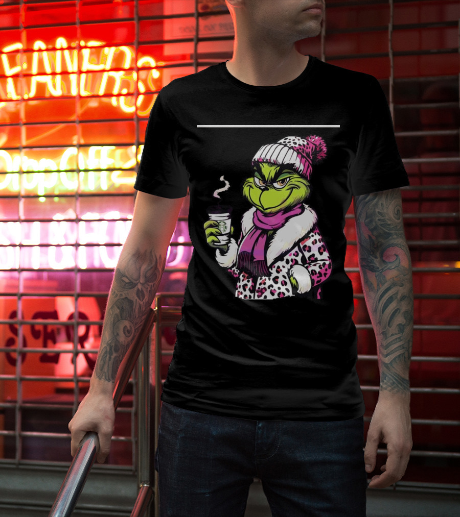 Grinchy And Bougie In Pink Leopard With Coffee Cup T-Shirt