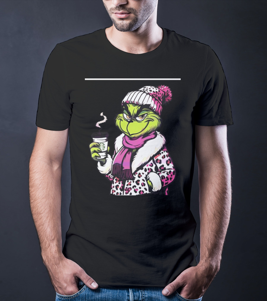 Grinchy And Bougie In Pink Leopard With Coffee Cup T-Shirt