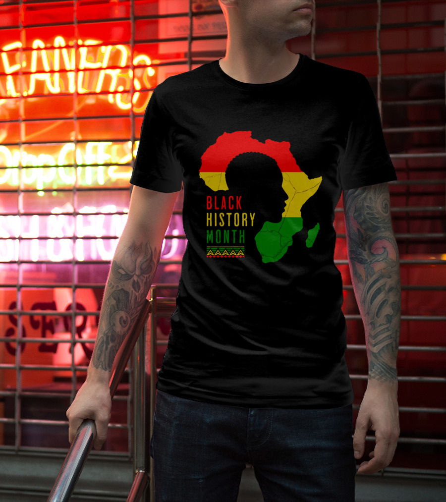 Black History Month African Continent Map With Red Yellow Green Colors And Afro T-Shirt