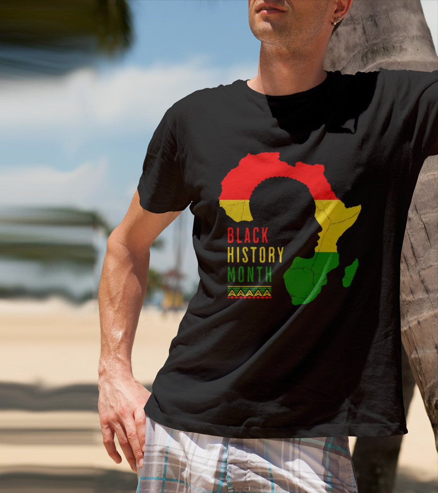Black History Month African Continent Map With Red Yellow Green Colors And Afro T-Shirt