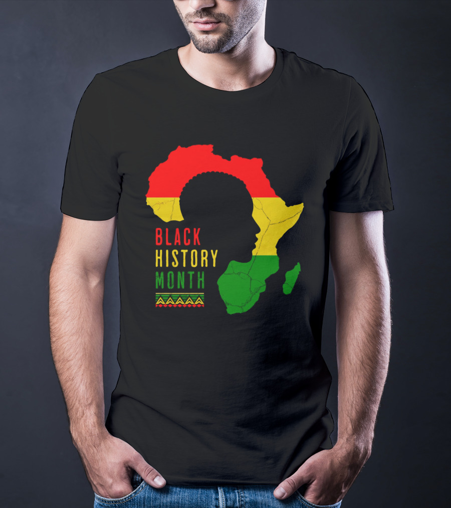 Black History Month African Continent Map With Red Yellow Green Colors And Afro T-Shirt