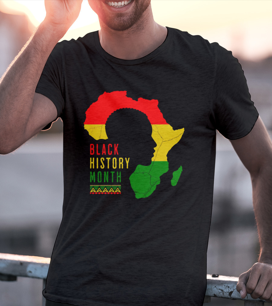 Black History Month African Continent Map With Red Yellow Green Colors And Afro T-Shirt