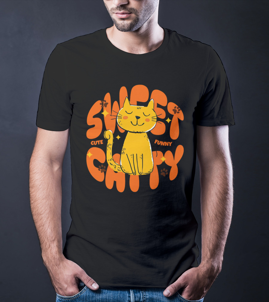 Cute Funny Sweet Cat Happy Yellow Cat With Paw Prints T-Shirt