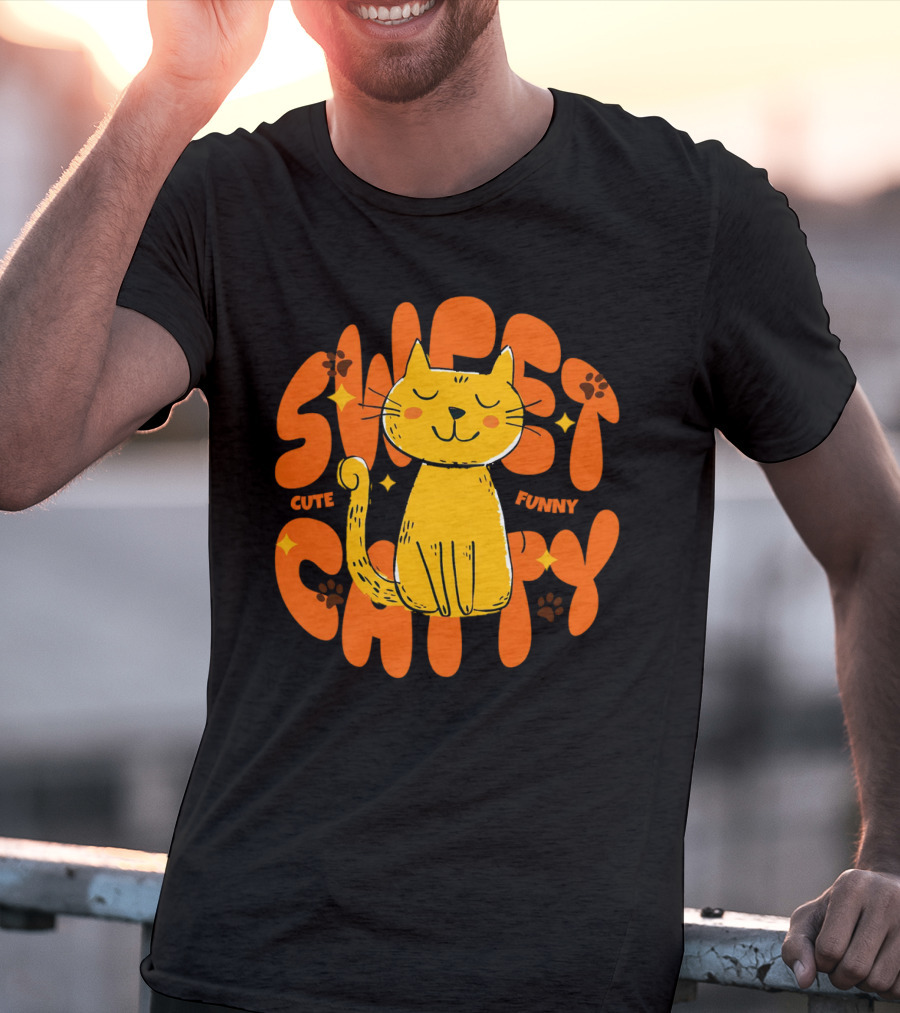 Cute Funny Sweet Cat Happy Yellow Cat With Paw Prints T-Shirt