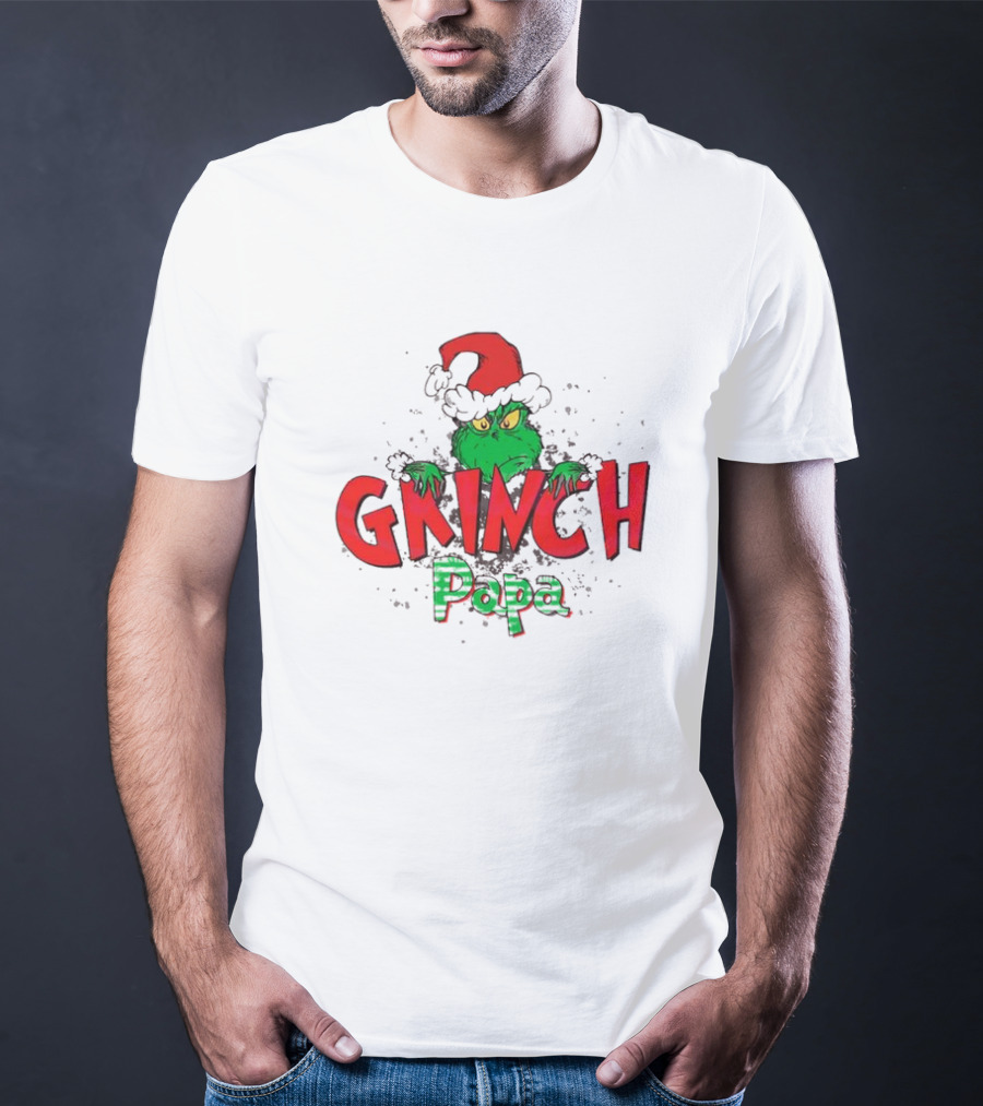 Grinch Christmas Papa Theme With Santa Hat T-Shirt