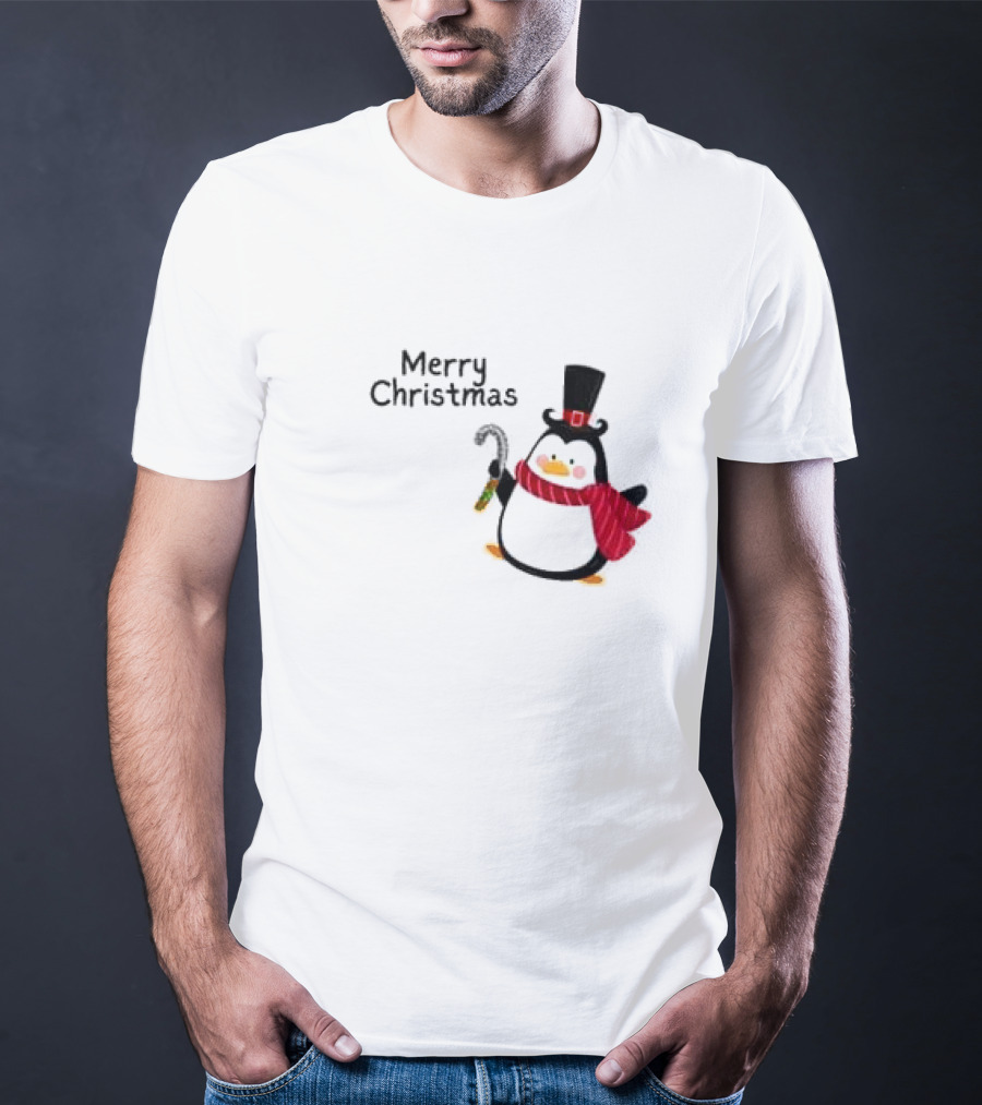 Merry Christmas Penguin With Candy Cane And Top Hat T-Shirt