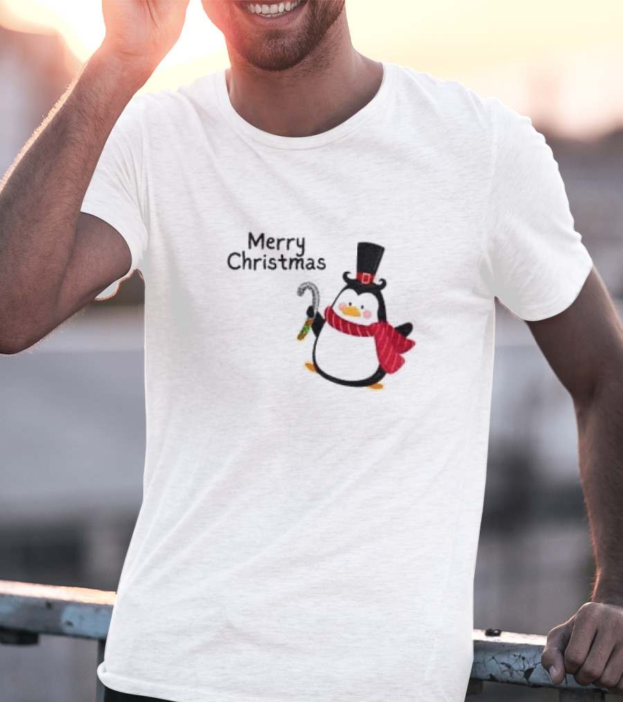 Merry Christmas Penguin With Candy Cane And Top Hat T-Shirt