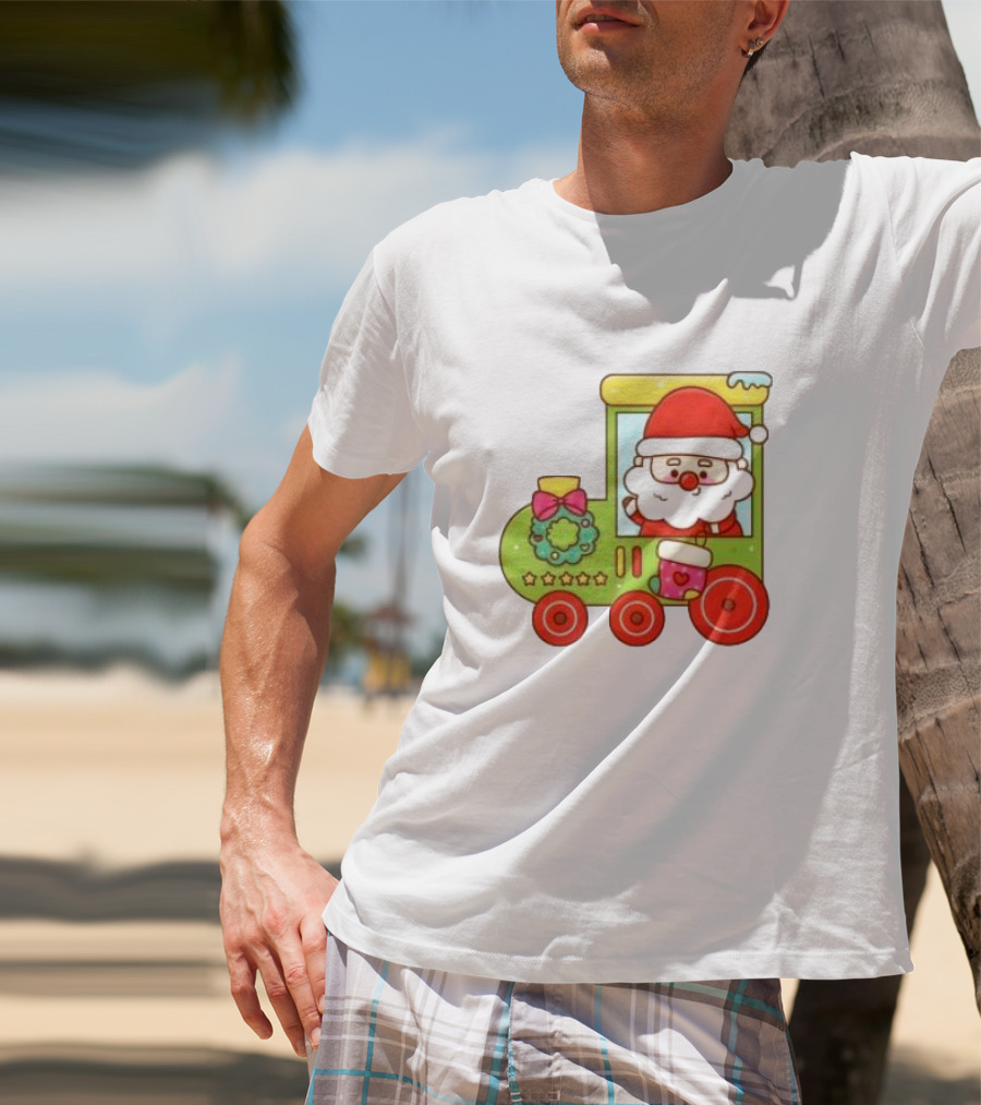 Santa Cute Christmas Train With Wreath And Stars T-Shirt