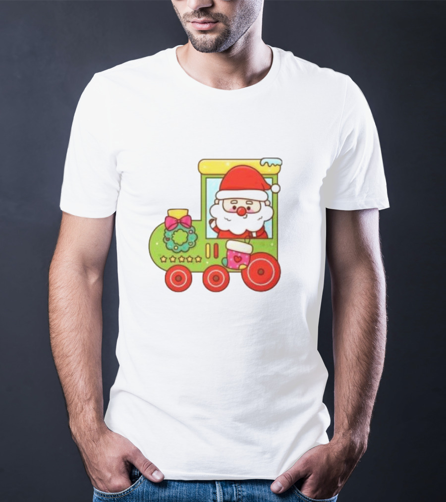 Santa Cute Christmas Train With Wreath And Stars T-Shirt