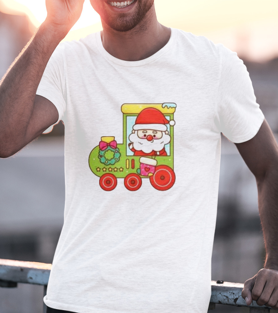 Santa Cute Christmas Train With Wreath And Stars T-Shirt