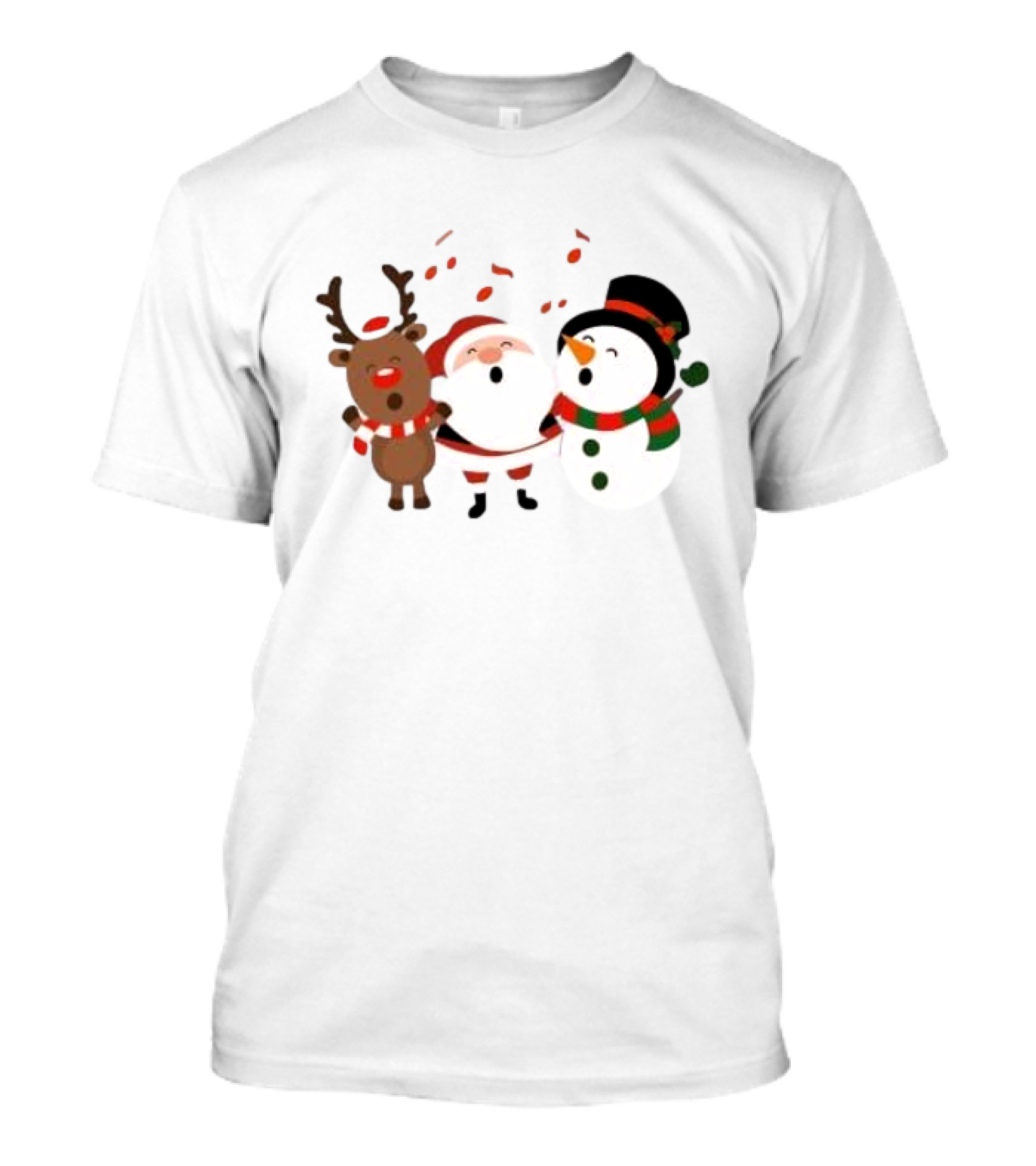 Santa Reindeer And Snowman Singing Christmas Carols Together T-Shirt
