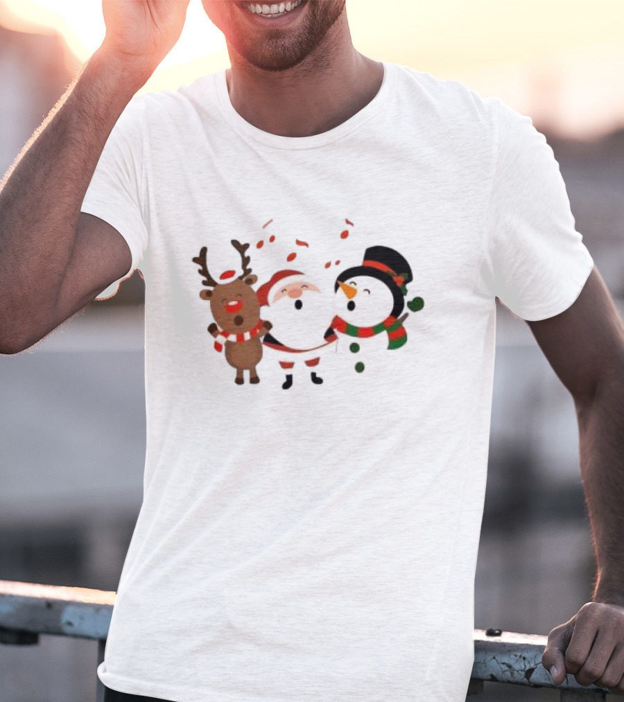 Santa Reindeer And Snowman Singing Christmas Carols Together T-Shirt