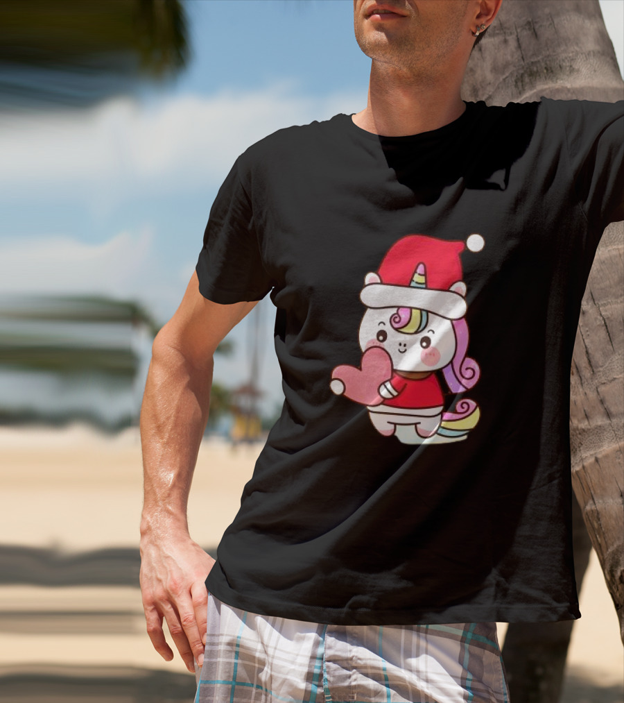 Unicorn Santa Hat Heart Christmas T-Shirt
