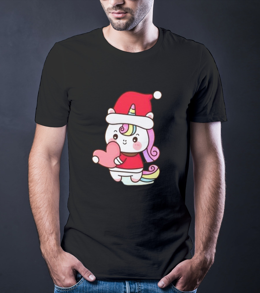 Unicorn Santa Hat Heart Christmas T-Shirt