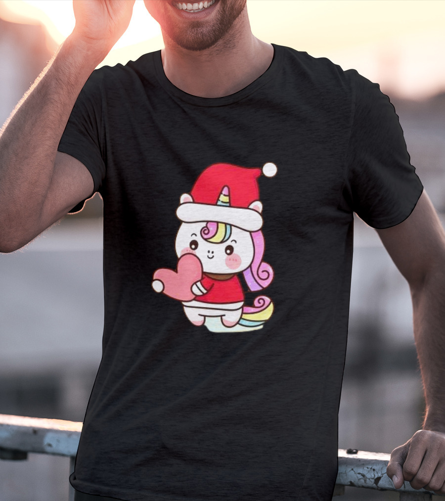 Unicorn Santa Hat Heart Christmas T-Shirt