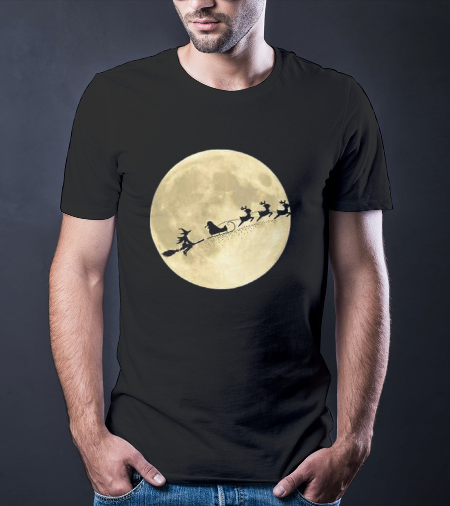 Witch Riding With Santa's Sleigh In Full Moon Christmas Scene T-Shirt