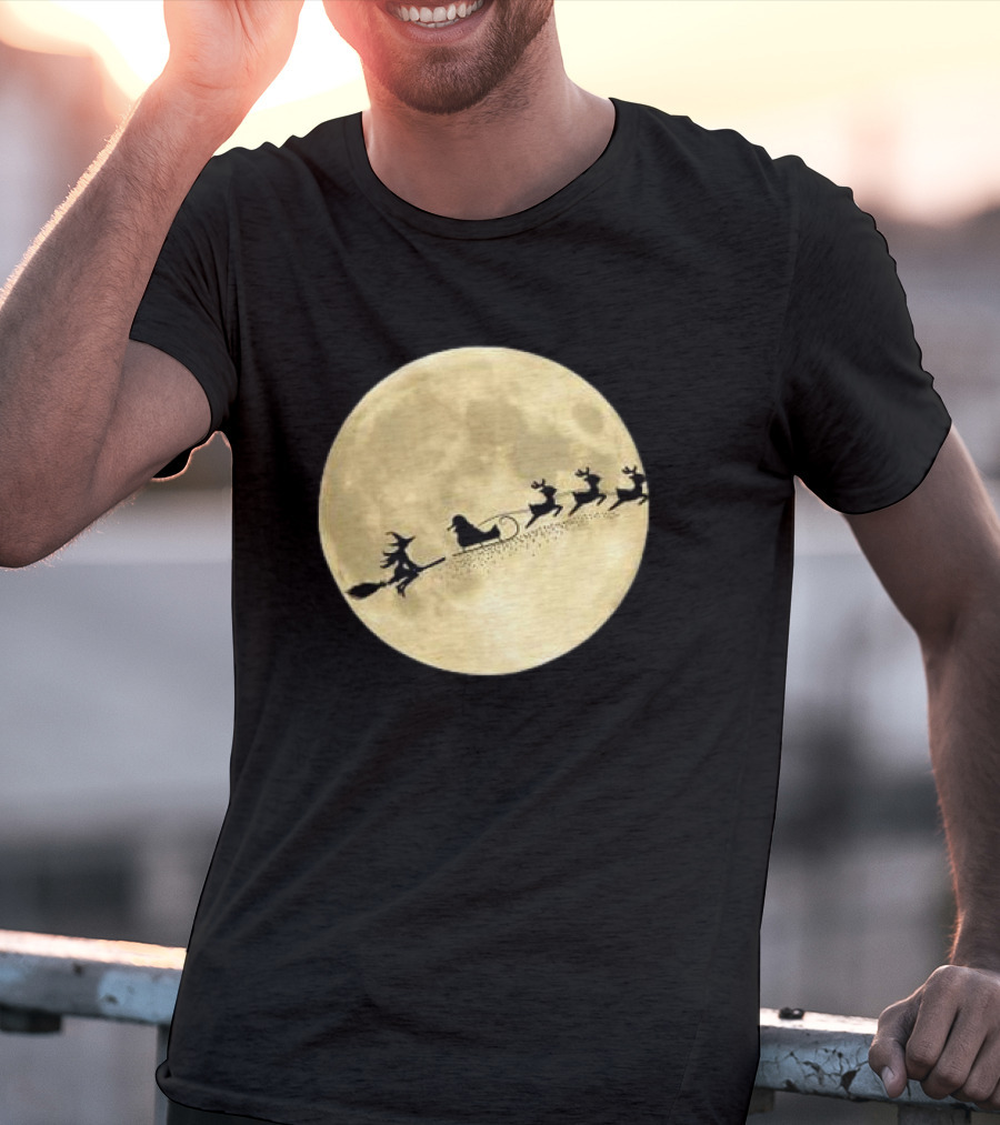 Witch Riding With Santa's Sleigh In Full Moon Christmas Scene T-Shirt
