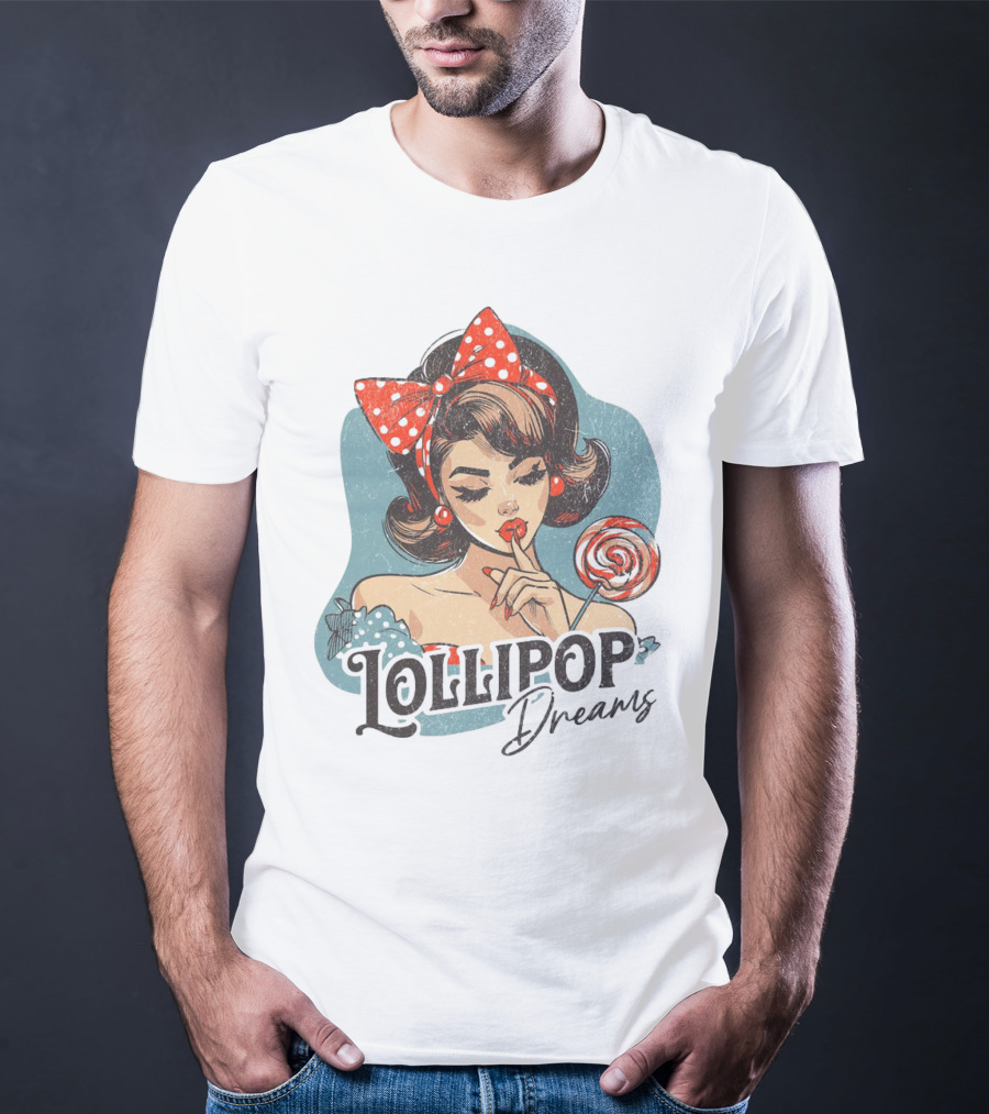 Lollipop Dreams Vintage Style Pinup Woman With Lollipop And Red Bow T-Shirt