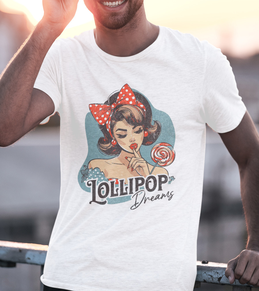 Lollipop Dreams Vintage Style Pinup Woman With Lollipop And Red Bow T-Shirt