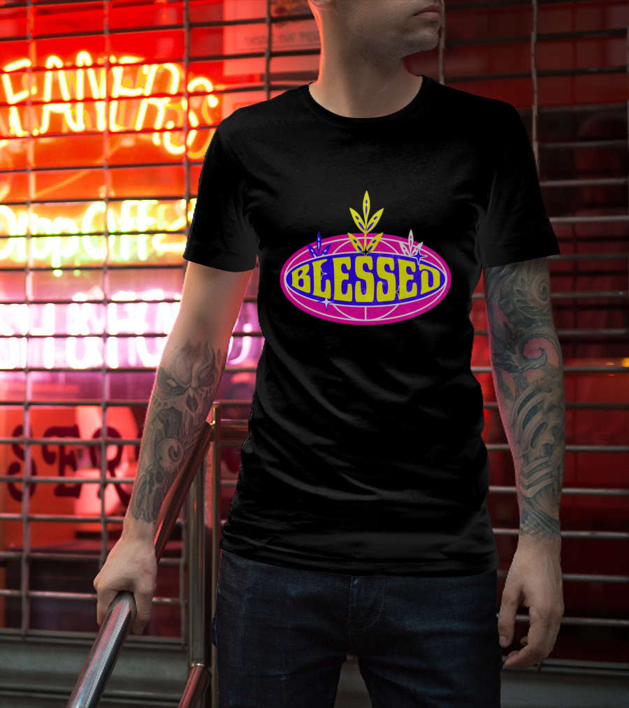 Blessed Vibrant Retro Style Oval Emblem With Leaves T-Shirt