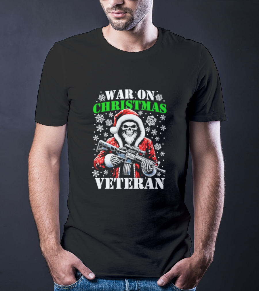 War On Christmas Veteran Skeleton Santa With Gun Snowflakes T-Shirt
