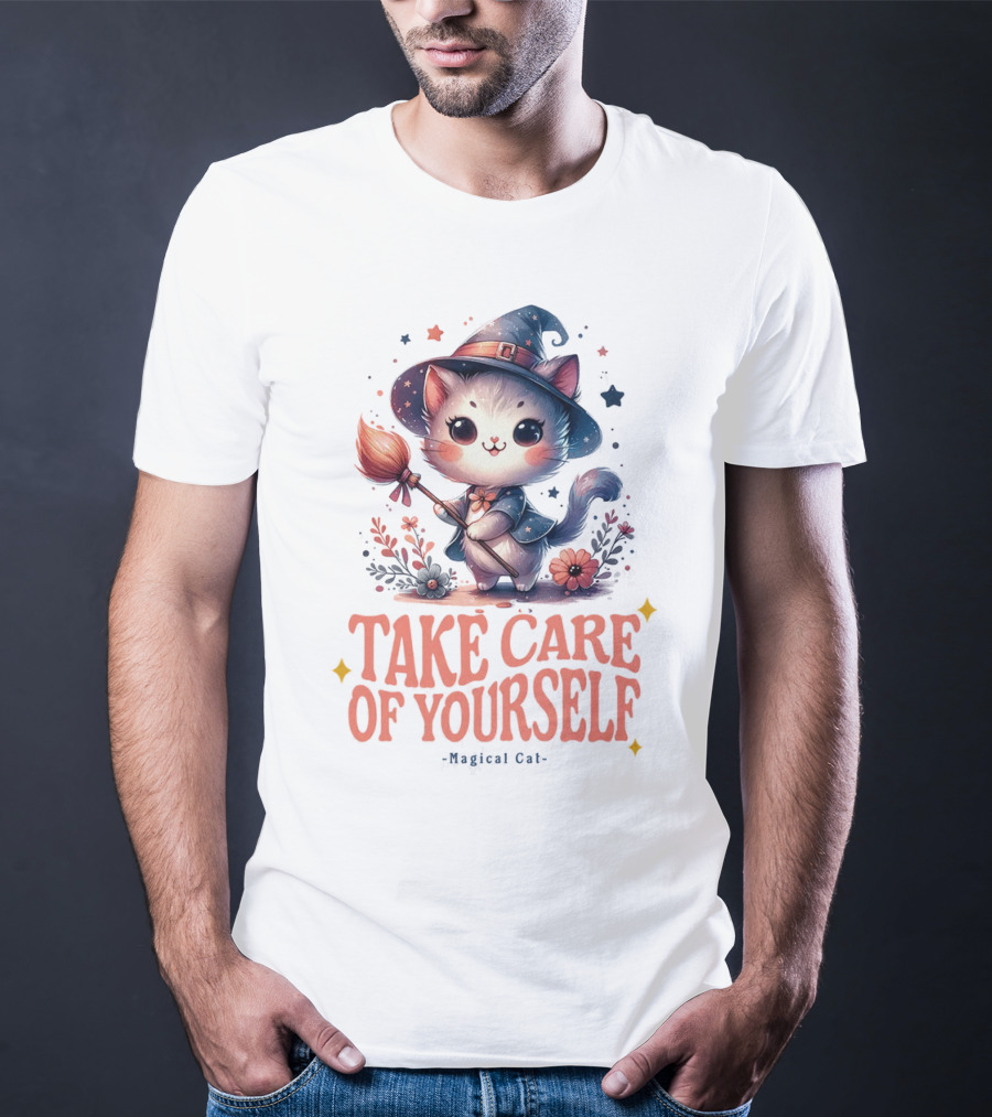 Take Care Of Yourself Magical Cat Wizard Hat Broomstick T-Shirt