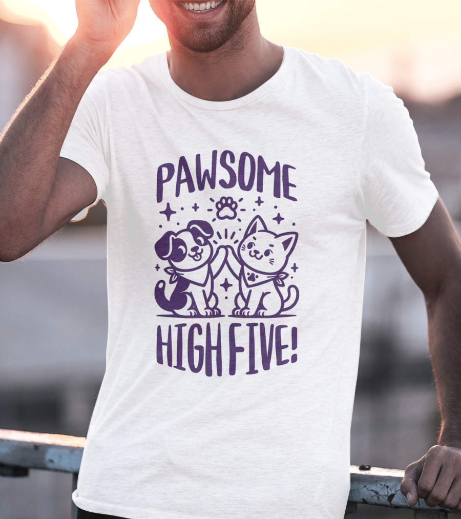 Pawsome High Five Cute Animal Purple Pawsom T-Shirt