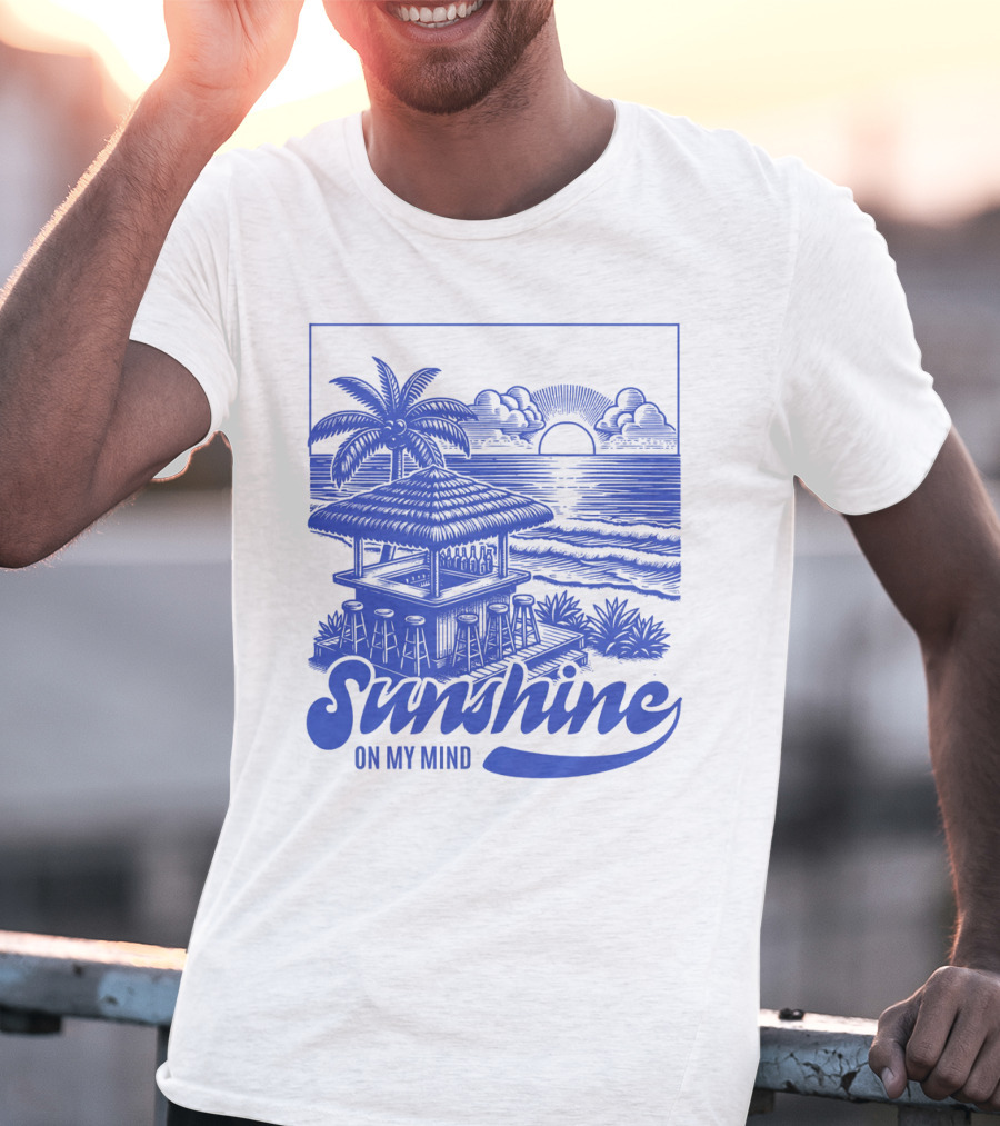 Sunshine On My Mind Vintage Beach Hut And Sunset Scene T-Shirt