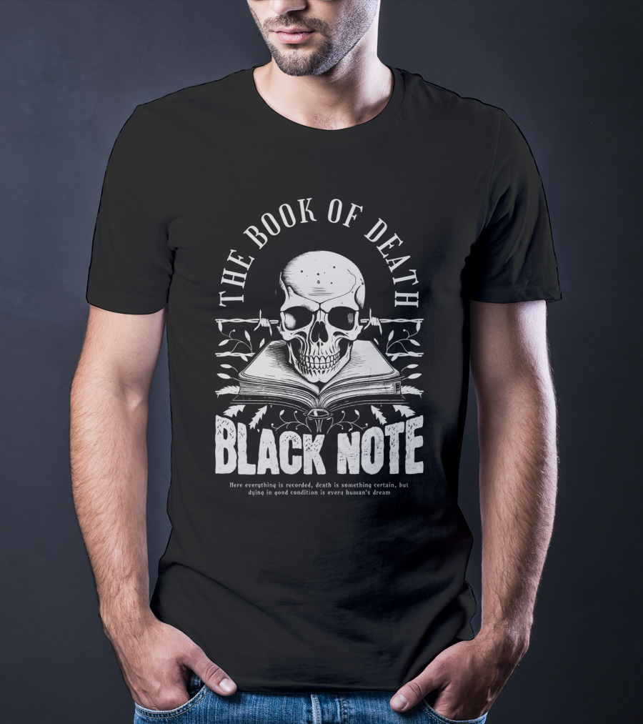 The Book Of Death Black Note Skull With Open Book T-Shirt