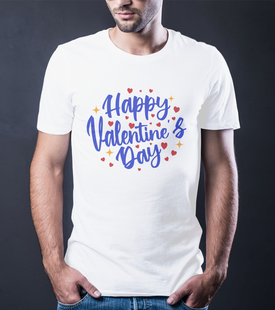 Happy Valentine's Day Blue Script With Hearts And Stars T-Shirt