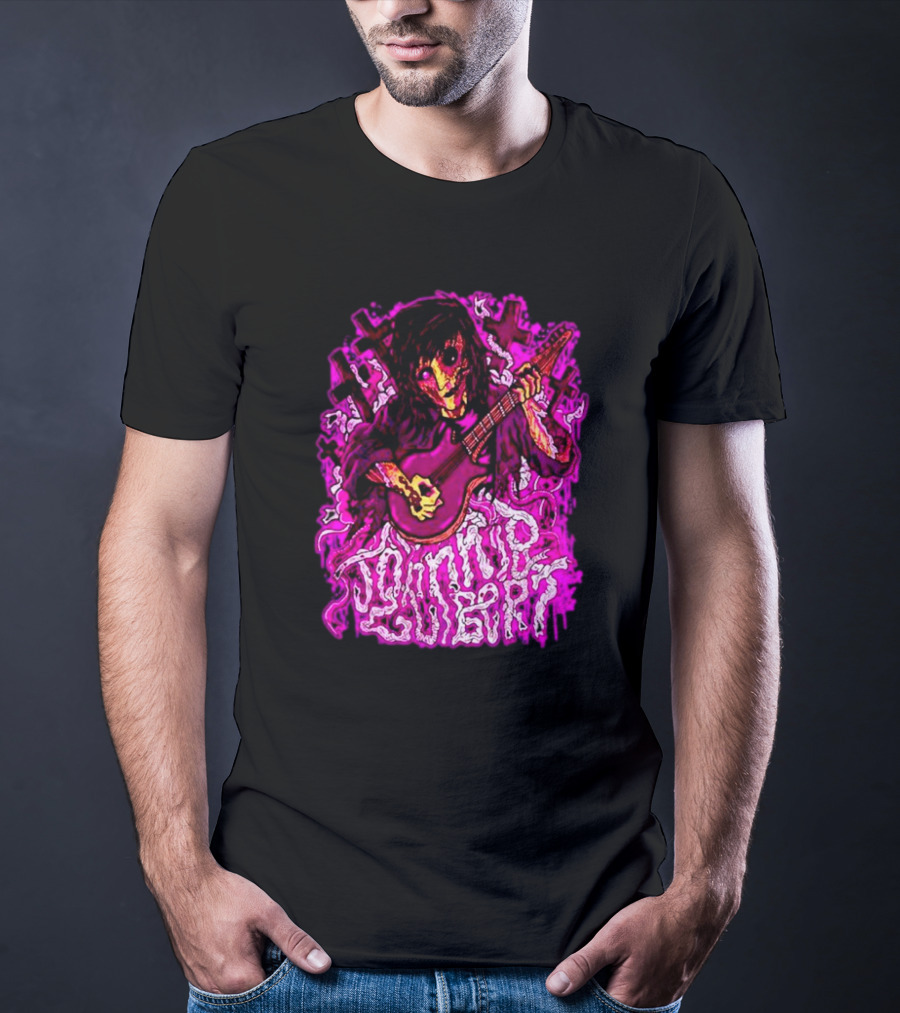 Zombie Johnnie Guilbert Playing Guitar With Pink Crosses And Skull T-Shirt
