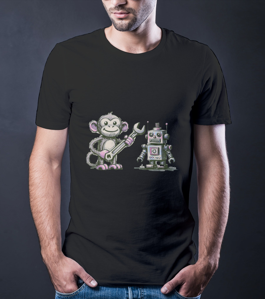 Monkey Wrench Holding Monkey And Robot Companion T-Shirt
