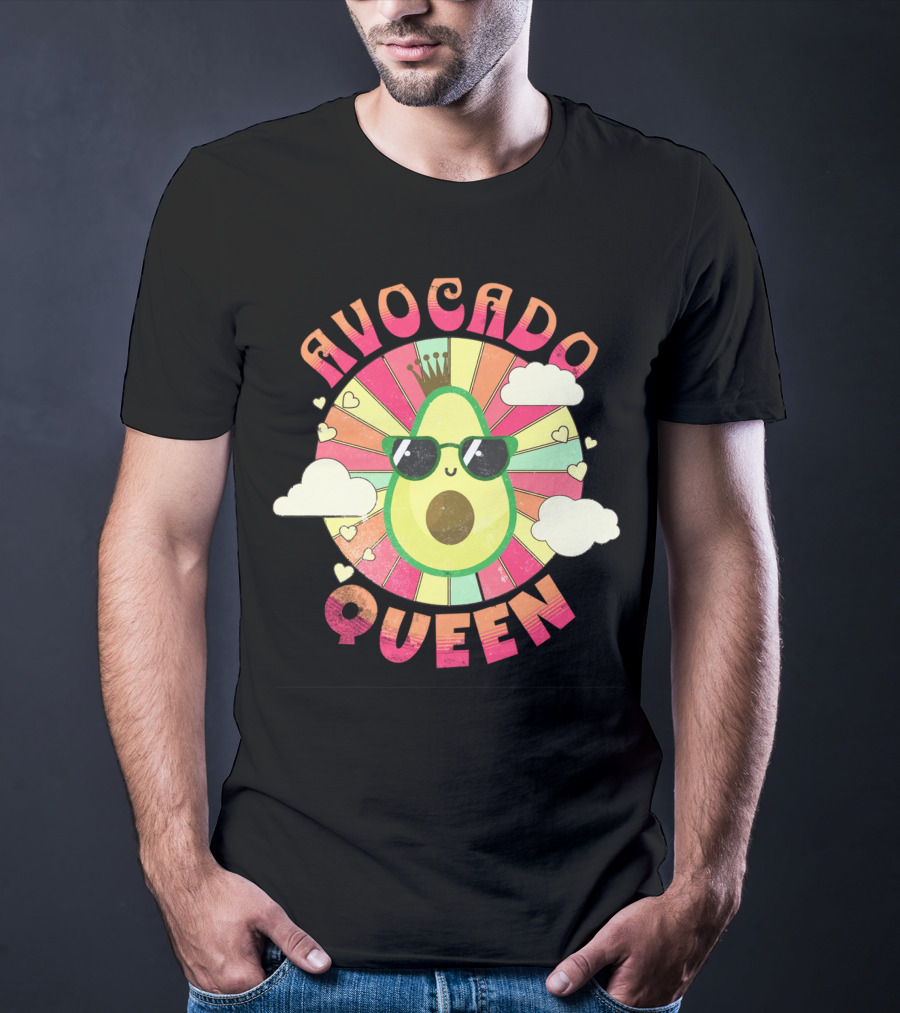 Avocado Queen Kawaii Crown Sunglasses Retro Sunburst Hearts Clouds T-Shirt