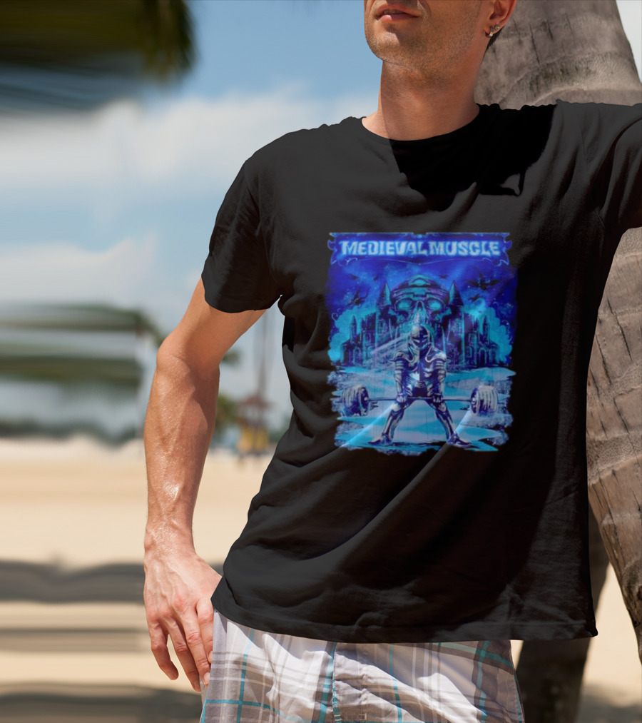 Medieval Muscle Knight Lifting Weights In Gothic Castle Scene T-Shirt