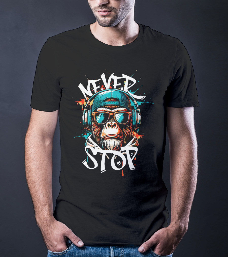 NEVER STOP Cool Monkey In Headphones T-Shirt