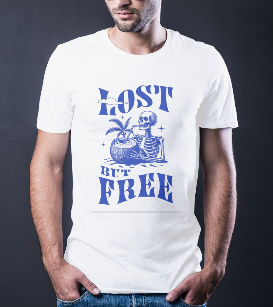 Lost But Free Skeleton With Coconut Drink Beach Vintage T-Shirt