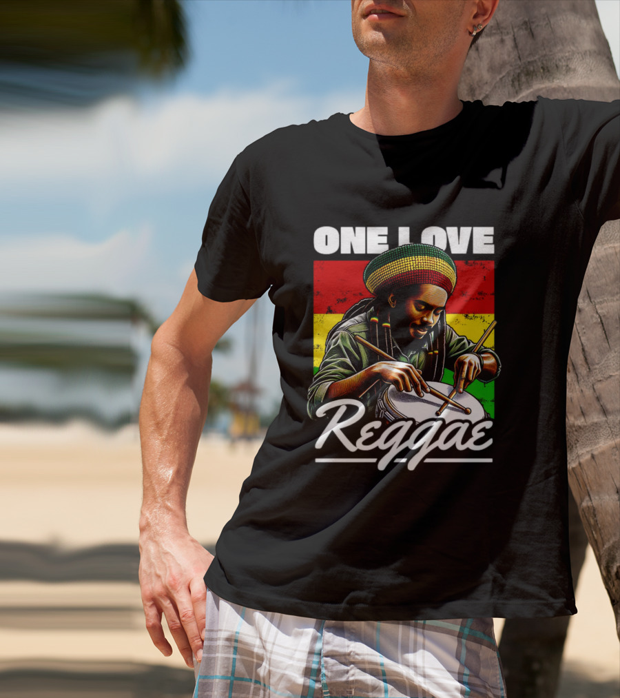 One Love Reggae Drummer With Rasta Colors T-Shirt