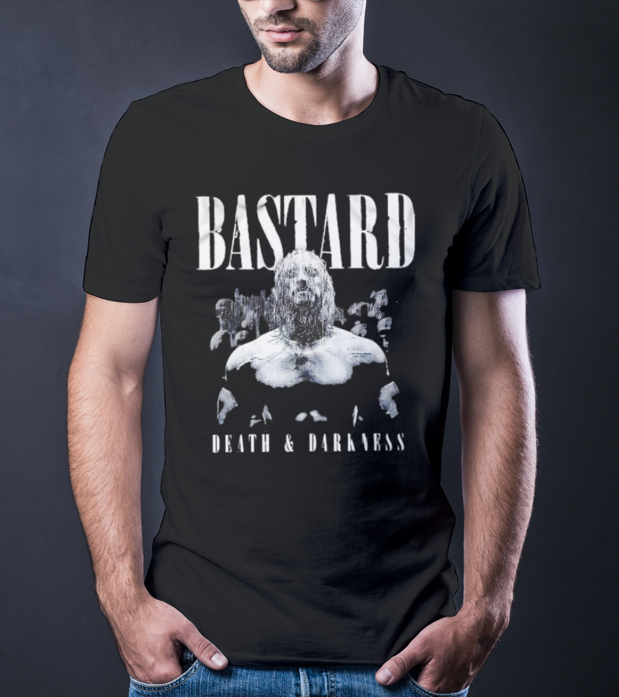 Bastard Death And Darkness Gritty Monochrome Warrior Surrounded By Shadowed Figures T-Shirt