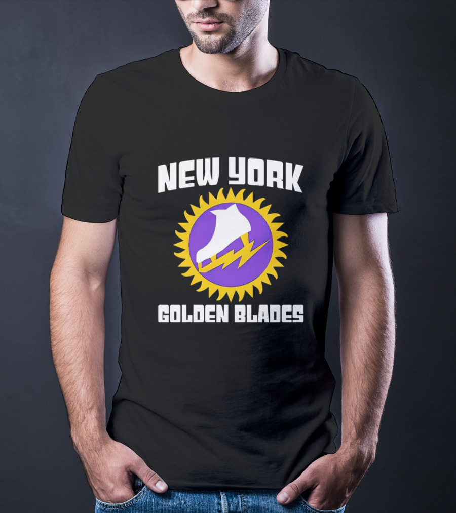 New York Golden Blades Ice Skate Logo With Purple And Gold Sunburst T-Shirt