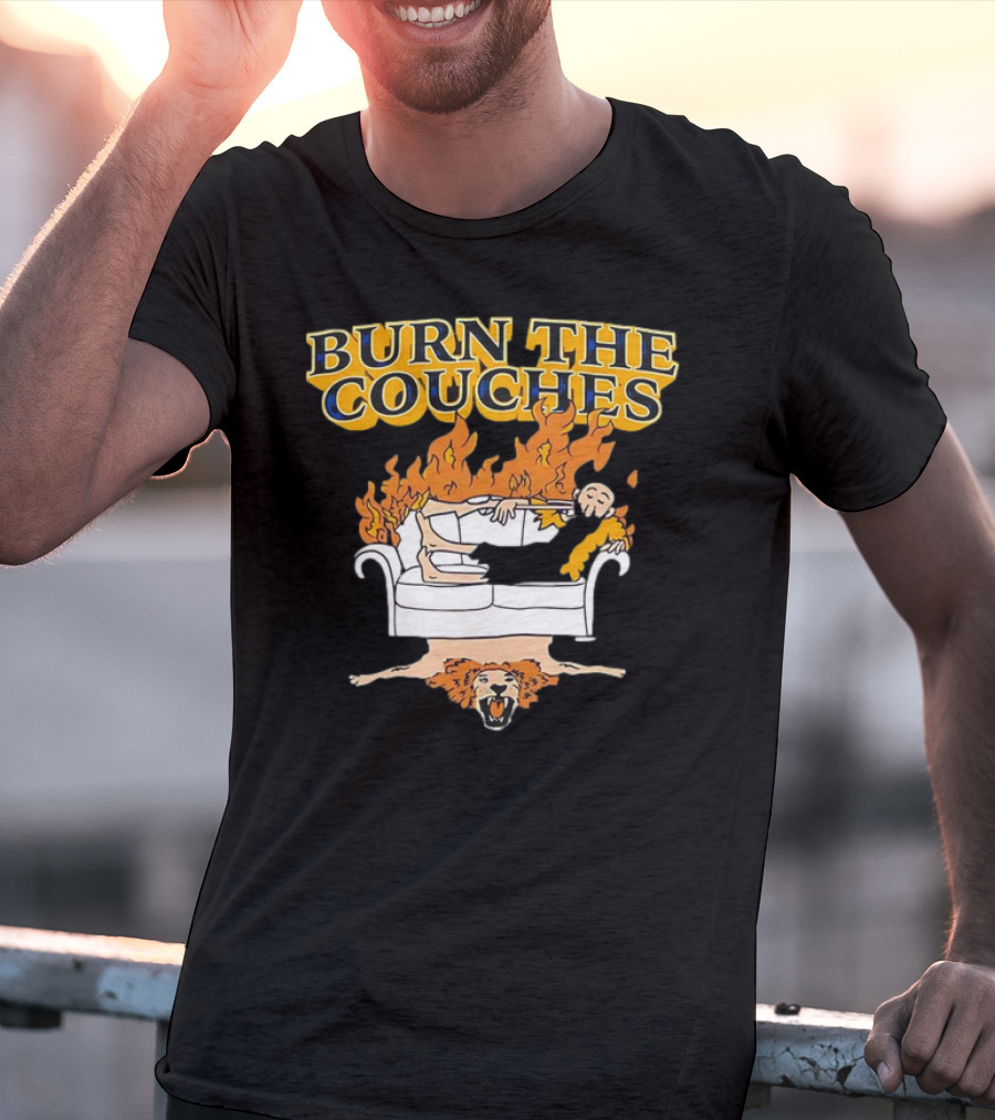 Burn The Couches Flaming Couch Cartoon Lion Rug T-Shirt