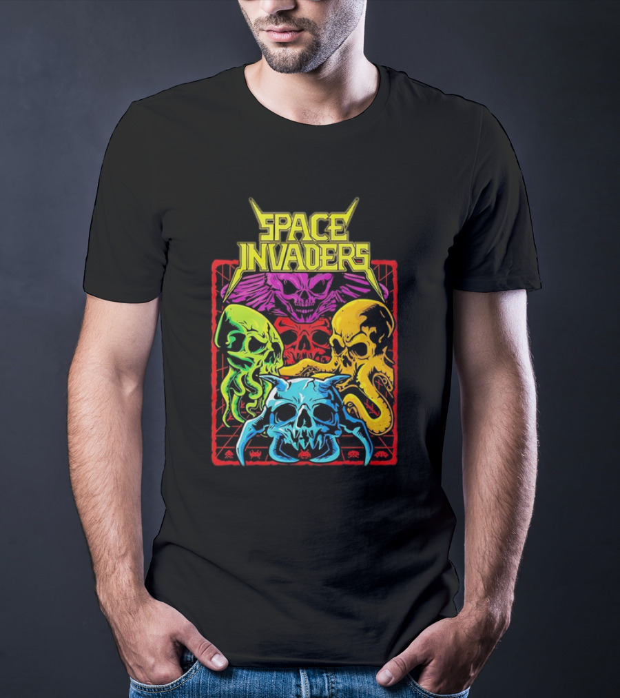 Space Invaders Neon Skull Cthulhu Quartet T-Shirt