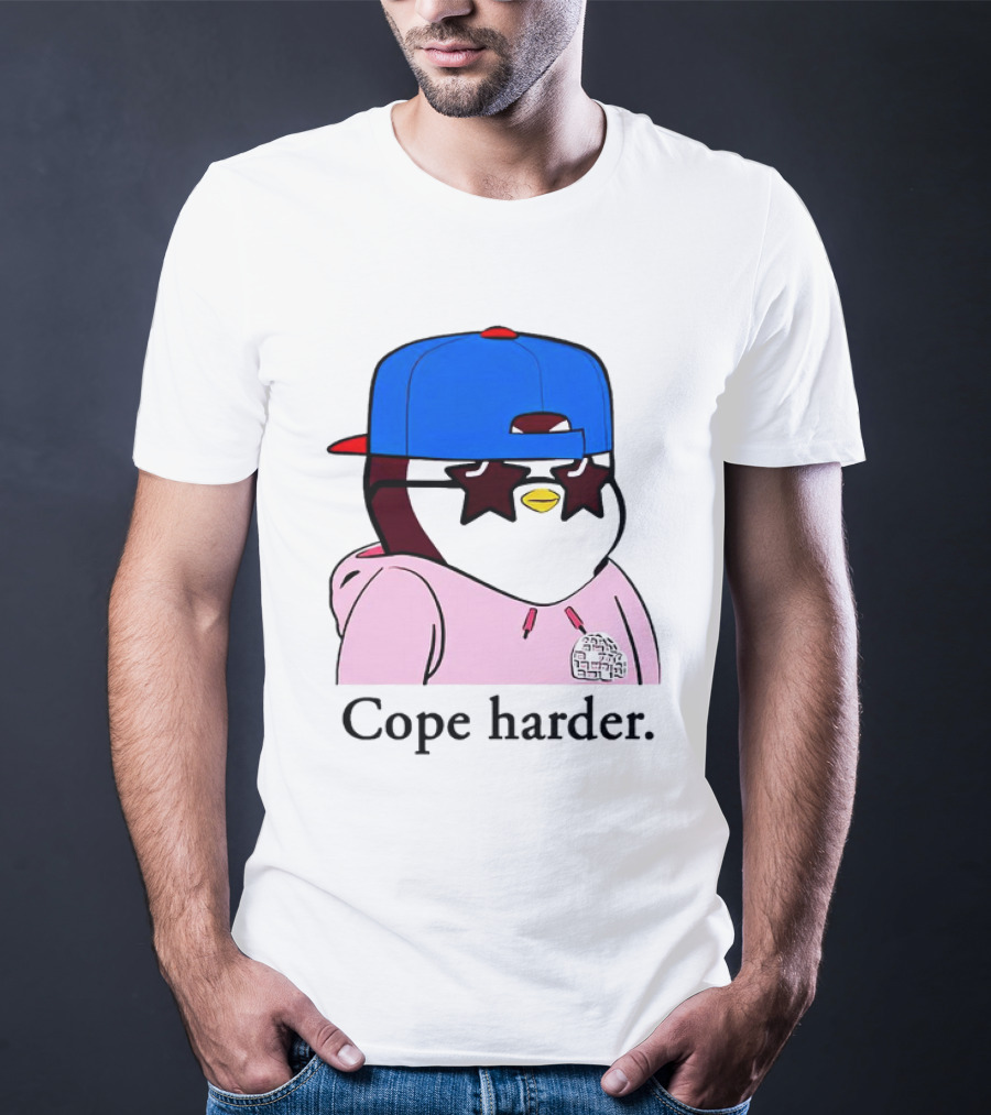 Pudgy Penguin Cope Harder Star Shades Blue Cap Pink T-Shirt