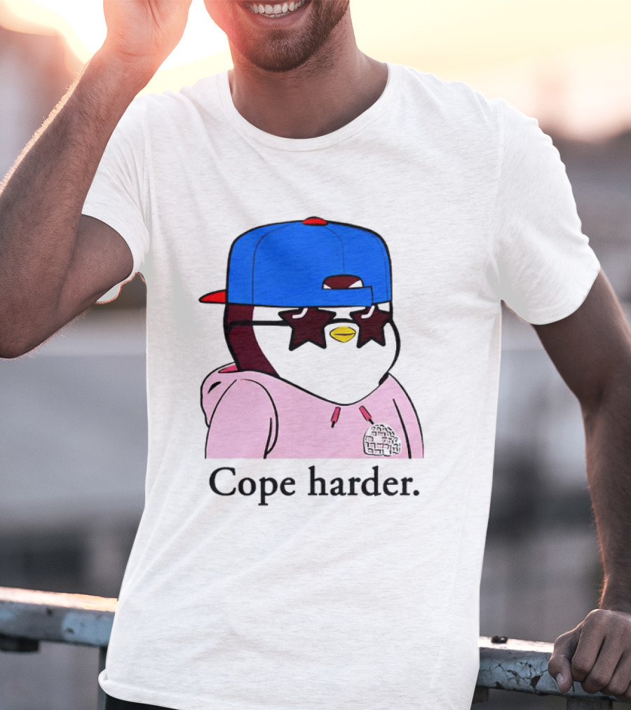 Pudgy Penguin Cope Harder Star Shades Blue Cap Pink T-Shirt