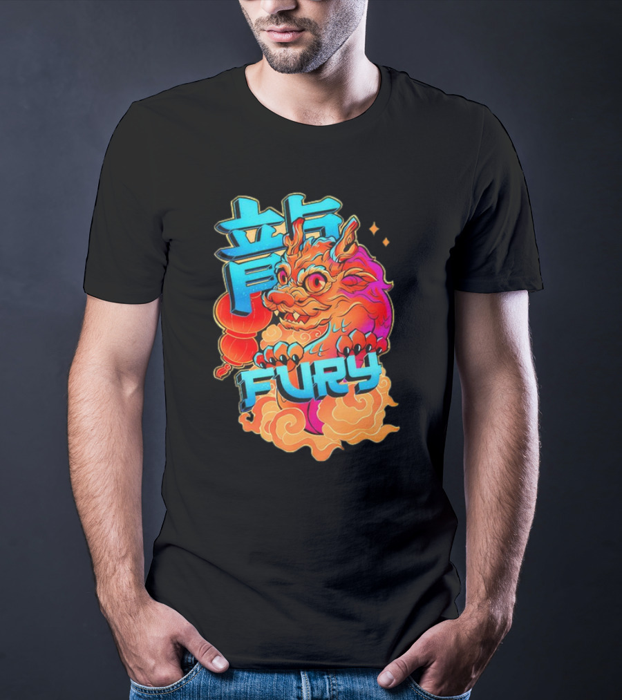 Dragon Fury Vibrant Mythical Creature With Neon Chinese Characters T-Shirt
