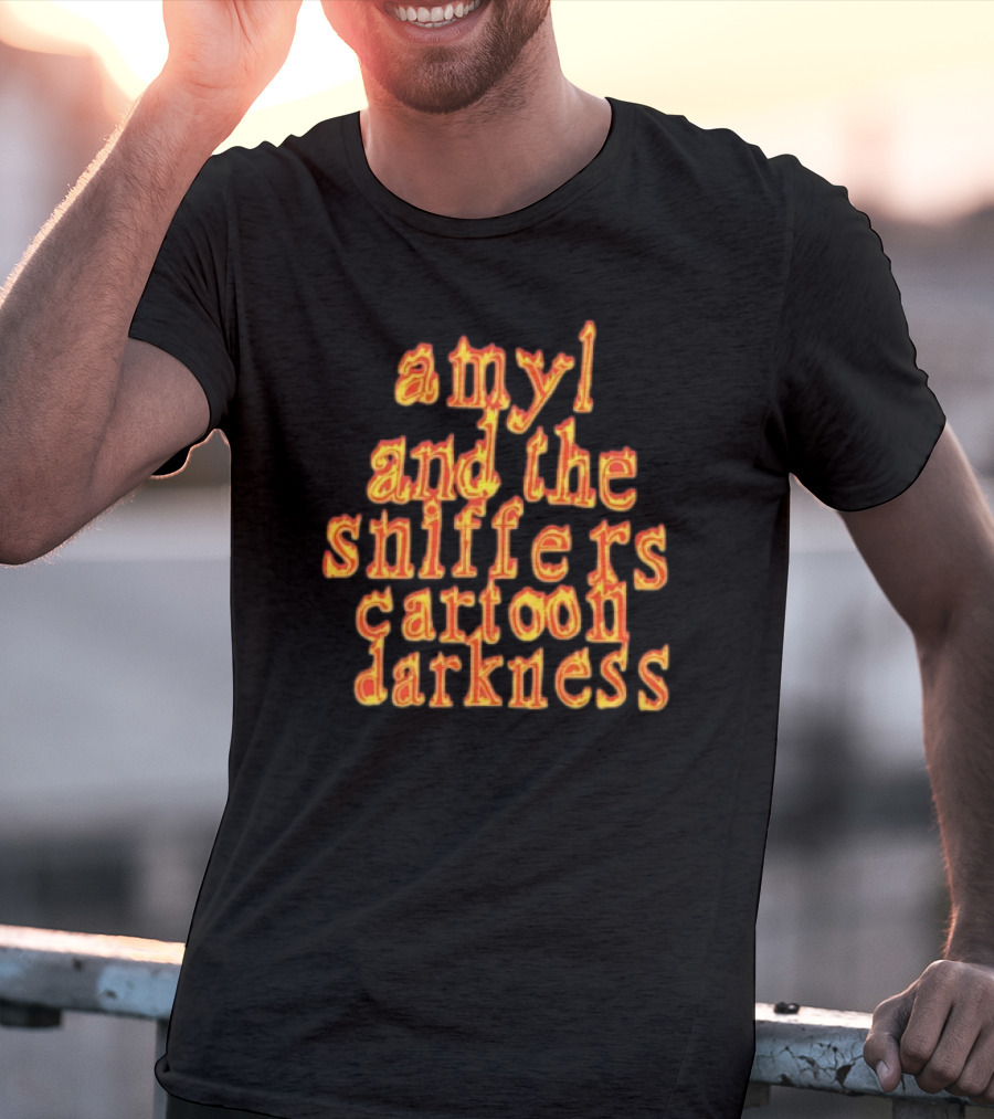 Amyl And The Sniffers Cartoon Darkness Flame Text T-Shirt