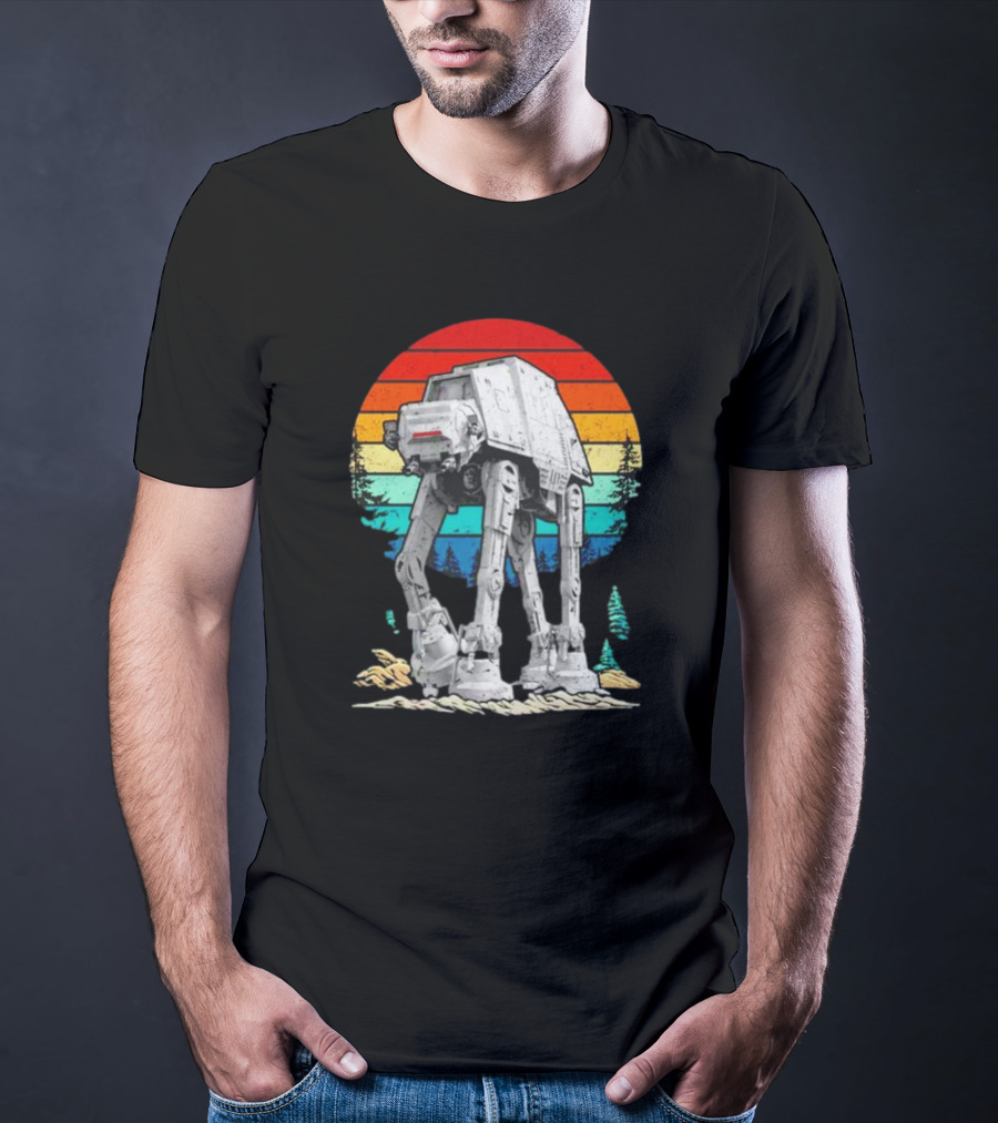 AT-AT Against A Retro Rainbow Sunset Vintage Walker T-Shirt