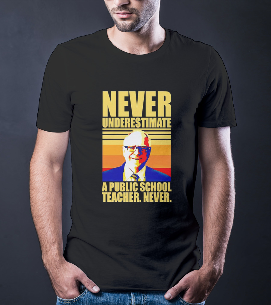 Never Underestimate A Public School Teacher Never Tim Walz Vintage Retro Stripes T-Shirt
